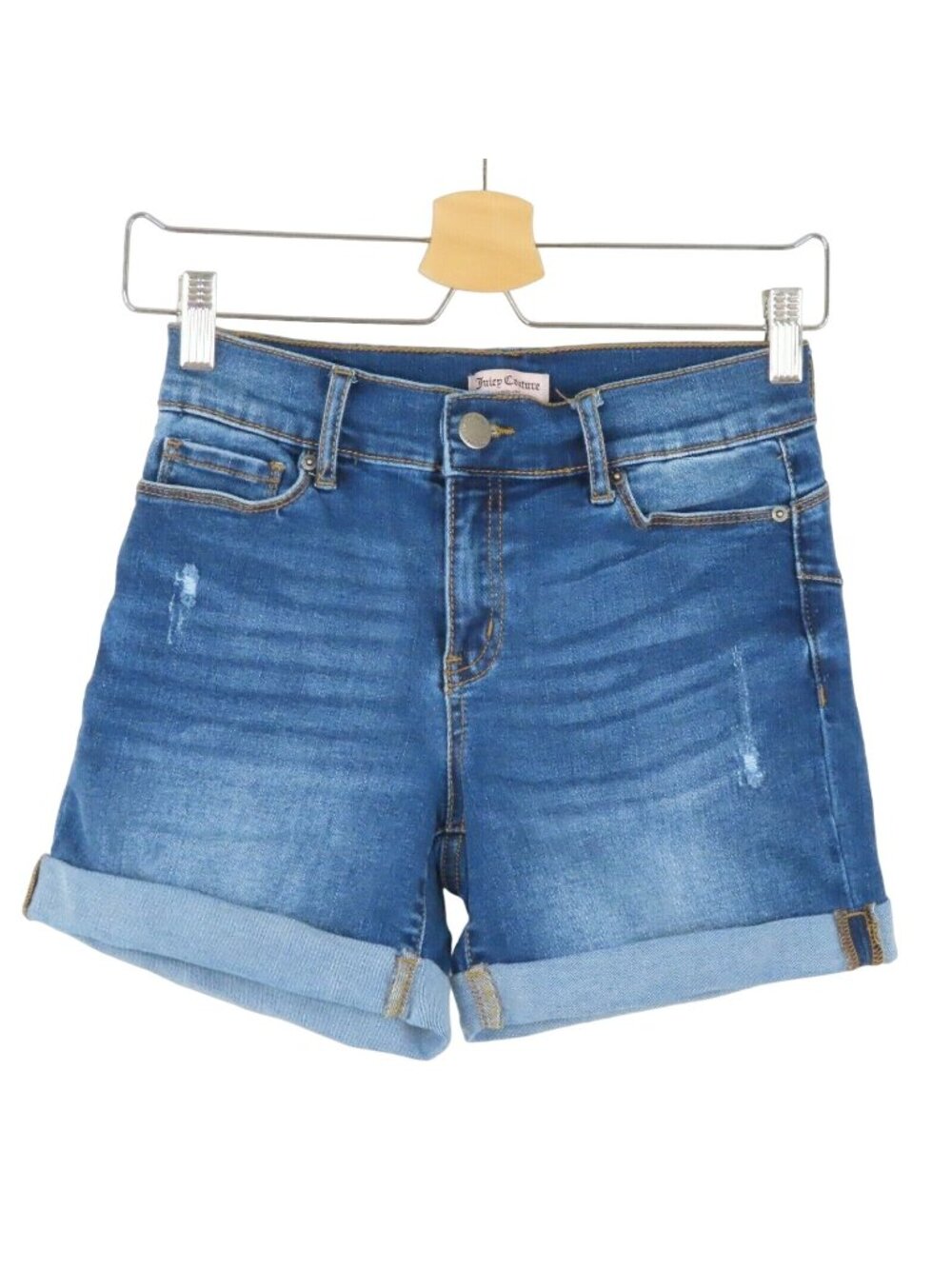 Juicy Couture Women 2 Medium Blue Cuff Hem Shorts Stretch Denim Jean Distressed